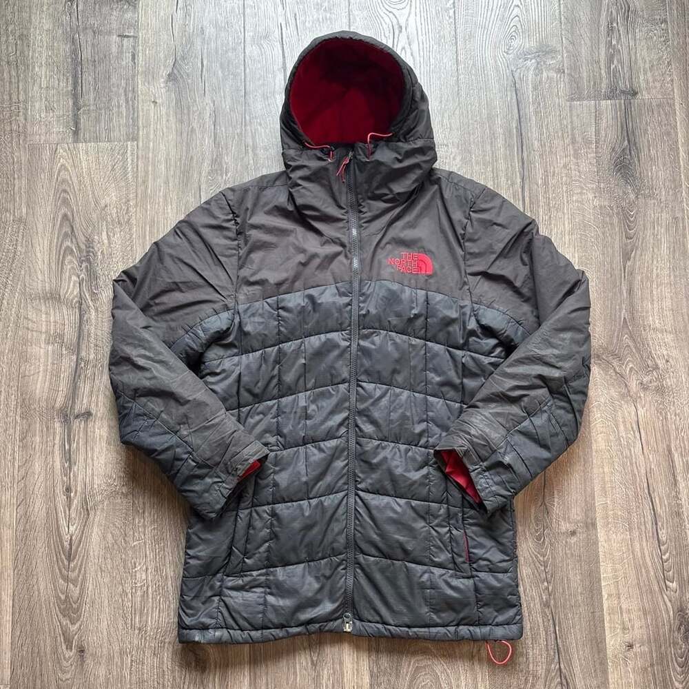 The North Face Puffer Jacket Medium Black Red Long Insulated Hooded Coat